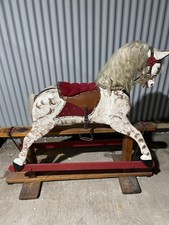 Vintage Wooden Rocking Horse on Stand – Hand Painted, Leather & Velvet Saddle
