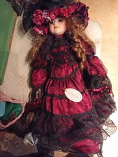 Victorian-Style Porcelain Collectible Doll in Burgundy Dress & Hat