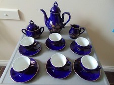 EIHO LITHOPHANE  JAPANESE GEISHA COFFEE SET BLUE - 24K GOLD DECORATION. 17 piece