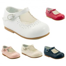 BABY GIRLS PATENT SHOES SPANISH STYLE MARY JANE PARTY SHOES WHITE PINK RED NAVY