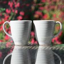 Set of 6 Grey Embossed Mugs 330ml Fine Stoneware Ribbed Tea Coffee Cups 11oz
