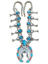Squash Blossom Necklace Native American Navajo Genuine Turquoise Coral 12 inch