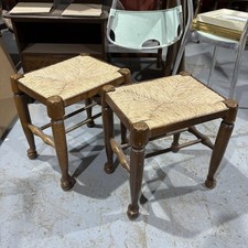 Vintage Antique Oak Wood & Rush Woven Top Pair Of Foot  Stool