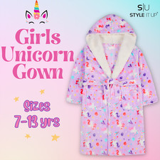 Girls Kids Plush Fleece Unicorn Dressing Gown Hooded Robe Sleepwear Soft & Cosy
