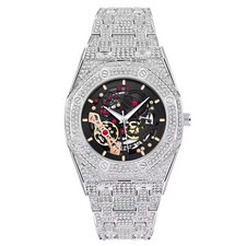Hip Hop Luxury Automatic Mechanical Ice Out Mens Watch Iced Silver Bling Diamond