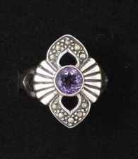 Art Deco Peacock Fan Ring ~ Purple Amethyst & Marcasite 925 Silver ~ BNIB UK M