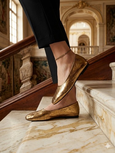 Zara gold leather ballet flats - zara,
