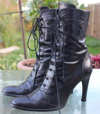 Vintage Jones Victorian Style Black Leather High Heel Lace Up Boots - UK 6 EU 39
