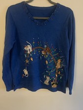 90s Y2k Vintage Quaker Factory Blue Cat Christmas Tree Sweater Large