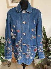 Zara Embellished Denim Jacket Blue Embroidered Floral - Medium Retro Coat