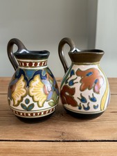 Pair 1920s Gouda Holland Pottery Jugs 4 & 1/2” Tall
