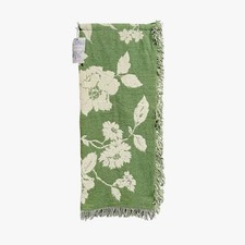 Shabby Chic Decorative Throw Blanket Reversible Green Ivory Floral Fringed Hem