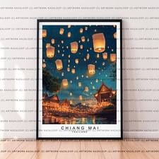 Thailand Chiang Mai unframed illustration night sky with lanterns temple art