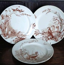 ANTIQUE FRENCH JULES VIEILLARD BORDEAUX OISEAU - SET OF 3 BIRD PLATES - 23.5CM