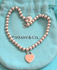 Return to Tiffany & Co. Silver Pink Enamel Heart Tag 4mm Bead 7" Bracelet