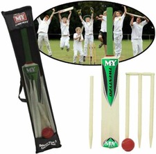 Kids Junior Cricket Set Size 3 Bat Ball Stumps & Bails Carry Bag Garden Beach