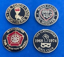 NORTHERN SOUL BADGE SET 1 - WIGAN CASINO - TWISTED WHEEL - THE TORCH - CATACOMBS