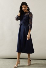 Wallis - Occasion Satin And Mesh Overlay Fit And Flare Dress - Size 16 - Navy