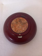 Vintage Leather Circular Pill Snuff Trinket Box With Chinese Gold Coloured Scene