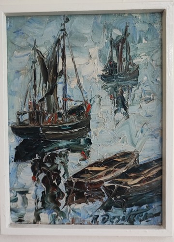 Vintage oil painting boats - painting,