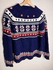 Vintage 1970s JCPenney Ski Sweater Medium Womens Blue Nordic Pattern High Neck