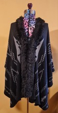 Open Front Poncho/Cape Winter Warm Wrap Fur Trimmed Wool  Shawl Unisex one size