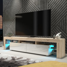 Modern TV Unit Cabinet Stand | Oak | High Gloss White Doors | Free LED Lights