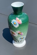 Hand Painted Vintage Opaline Green Floral Vase Pink White Blue Flowers