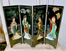 Vintage Lacquered Japanese Oriental Folding 4 Panel Screen 34 x 46 cms