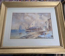 Beautiful Antique Watercolour  Boats Docked Maritime Life In Gilded Frame 