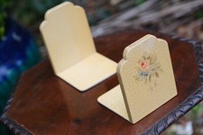 Vintage Hand-Painted Wooden Bookends – Floral Design, Shabby Chic, 15cm Tall