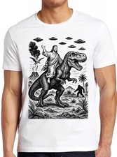 Jesus Riding Dinosaur UFO Bigfoot Volcano Sketch Weird Gift Tee T Shirt 2611