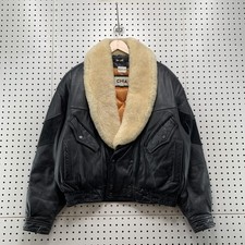 Vintage Leather DOWN Bomber Women M Jacket CHIA Black Fur Collar Zip Flight