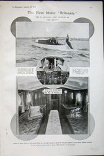 Original Old Antique Print 1907 Motor Boat Britannia Cabin Lipton Solent Thomas