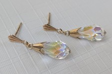 Pretty Vintage 9ct Gold & Cut Glass Aurora Borealis Teardrop Dangle Earrings