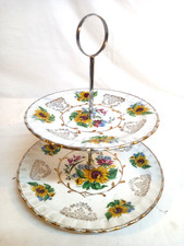 Wood & Sons Avon Cake Stand Vintage 2 Tier White Ironstone Floral Sunflowers VGC