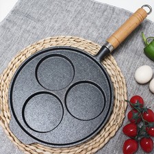 3 Cup Egg Frying Pan w/ Wooden Handle Pancake Pan Cast Iron Cooker for Breakfast