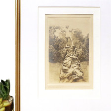 Peter Pan Print Vintage Etching Framed Engraving Art Statue Kensington Gardens