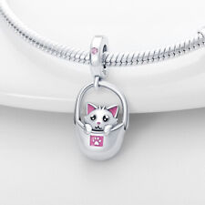 Genuine Sterling Silver 925 Pet Kitten Cat Hanging Carry Bag Pink Love Charm