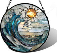 Stained Glass Window Hanging, Waves Suncatcher Diamond Glass Panel 7.8 Inches