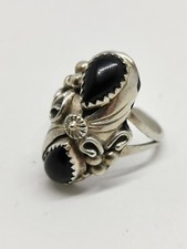 Sterling Silver 925 Onyx Squash Blossom Ring Navajo Southwestern 8/Q