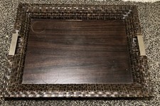 Large Dark Brown Wooden Vintage Serving Tray with Handles. Wicker Design. GC.
