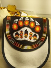 Native American Styled Beaded Canvas Bag,  Bearpaw Feathers
