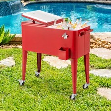 Outdoor BBQ Party Bar Drink Beverage Cooler Cart w/Cap Catcher-Red