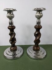 Art Deco Candle Holders Pair Wooden Barley Twist With Chrome Base And Tops