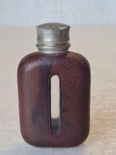 Small Antique 19th Century Hip Flask - Whiskey, Glass & Burgundy Leather