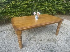 Solid Wood Farmhouse Dining Table Honey Plank Top Turned Legs Rustic Style