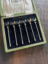 BEAUTIFUL SET OF SIX STERLING SILVER & ENAMEL COCKTAIL PICKS STICKS / SEAFOOD