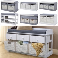 Wooden Hallway Storage Bench with Rattan Baskets& Drawer&Seat Cushion&Shelves