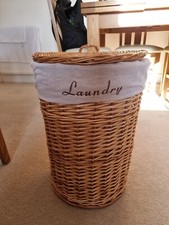 Brown White Honey Wicker Round Laundry Basket Bin Toilet Roll Holder + Lining